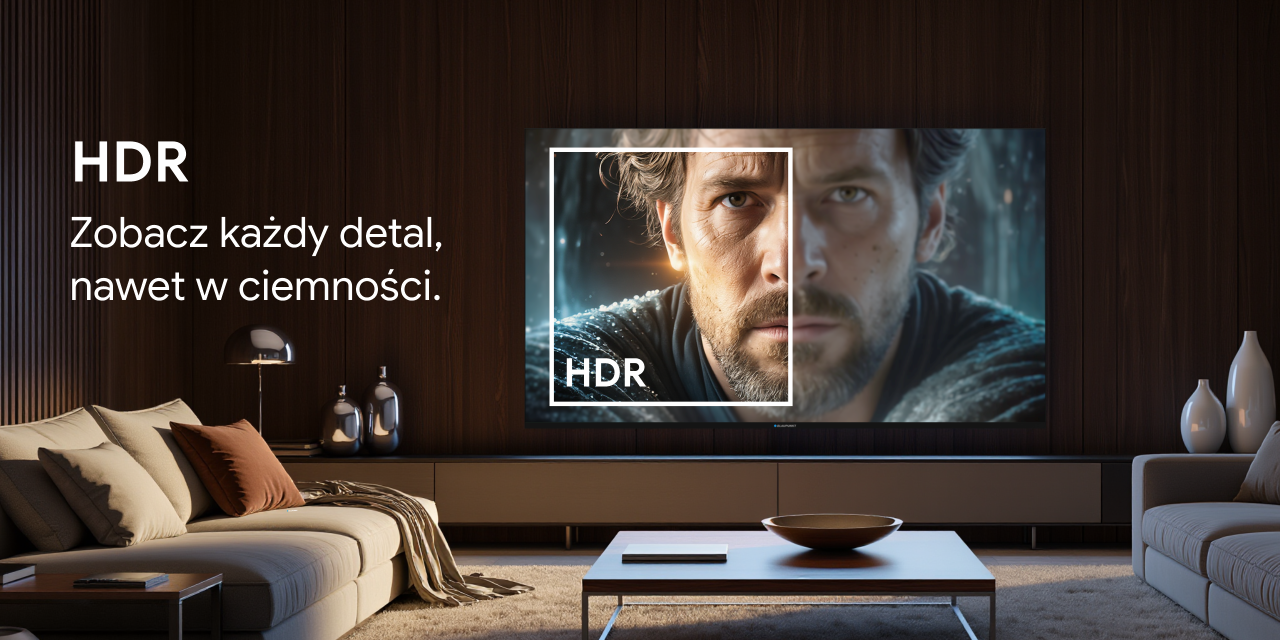 Salon z dużym telewizorem na ścianie pokazującym jakość HDR z wyróżnionym obszarem szczegółów.