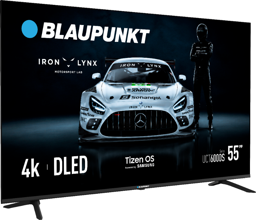 Telewizor Blaupunkt 4K DLED 55 cali z samochodem wyścigowym i Tizen OS na ekranie.