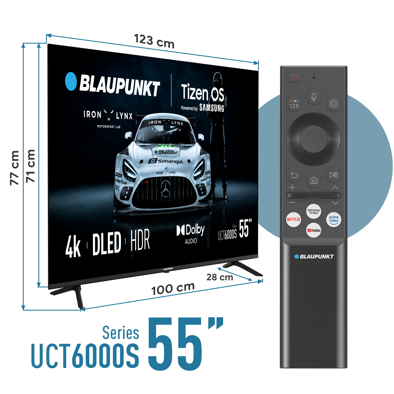 Telewizor Blaupunkt 4K UHD o przekątnej 55 cali z systemem Tizen OS i pilotem.