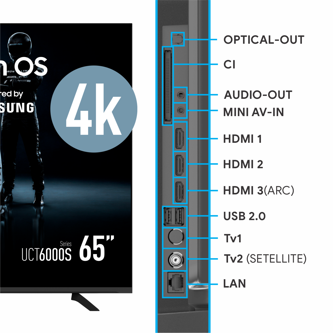 Diagram przedstawia porty 65-calowego telewizora, takie jak HDMI, USB i LAN, z etykietami.