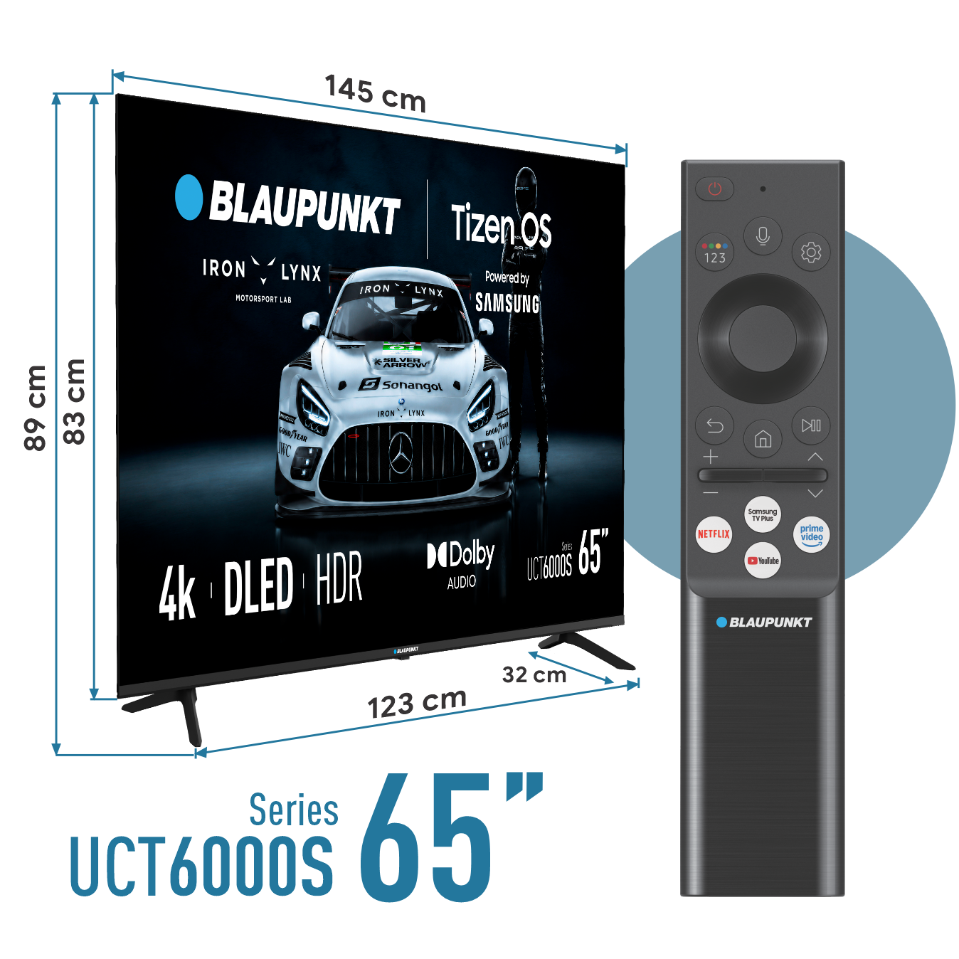 65-calowy telewizor 4K UHD marki Blaupunkt z wymiarami i czarnym pilotem na białym tle.