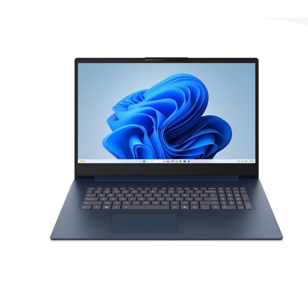 Niebieski laptop z białym ekranem pulpitu i grafiką niebieskiej fali na białym tle.