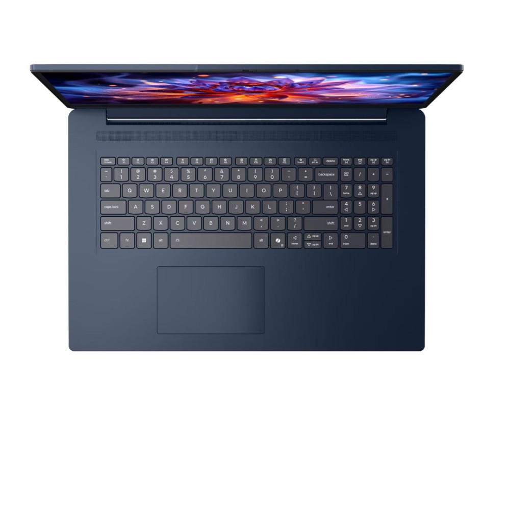 Widok z góry na ciemnoniebieski laptop z klawiaturą, gładzikiem i ekranem z kolorowym tłem.