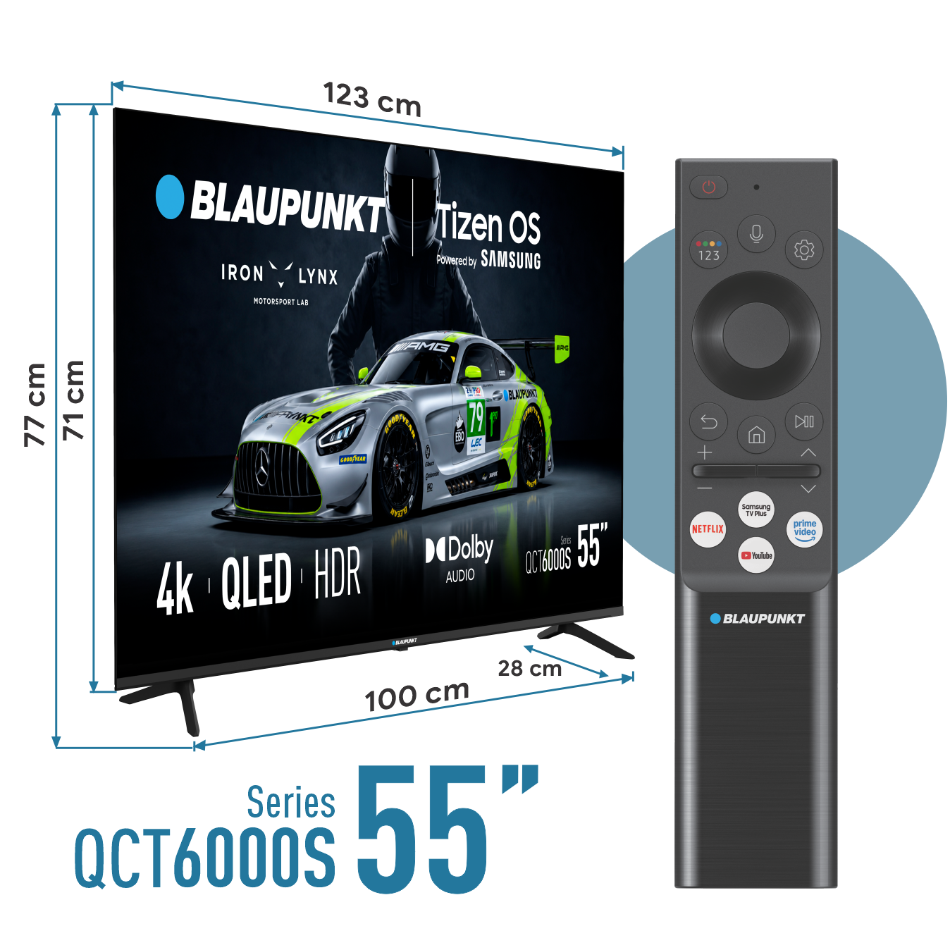 Telewizor QLED Blaupunkt 55 cali z wymiarami, autem wyścigowym i pilotem.