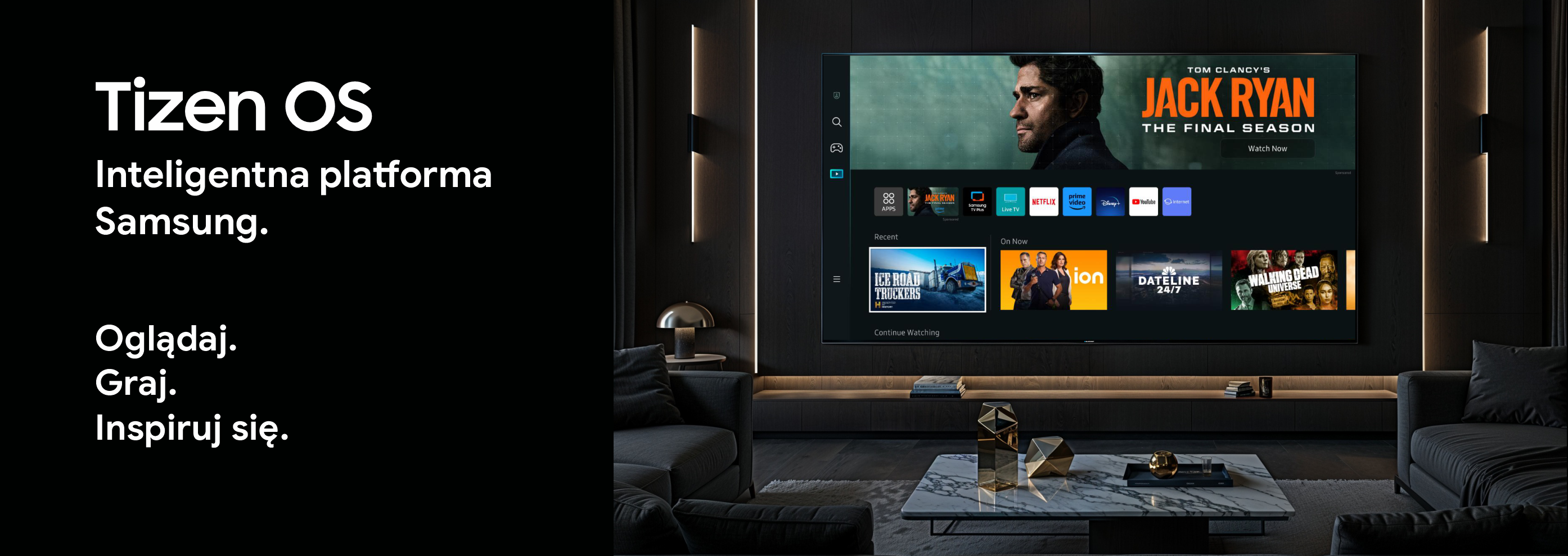Telewizor Samsung z systemem Tizen OS prezentuje menu główne z filmami i aplikacjami w salonie.