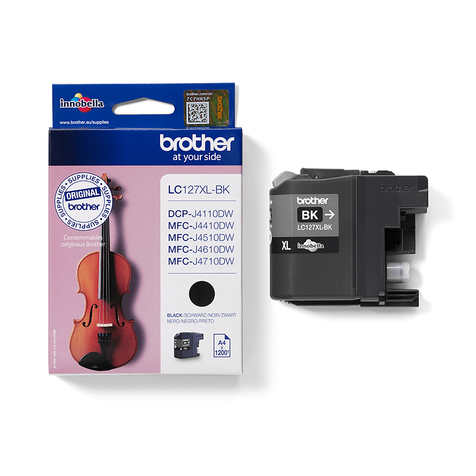 Cartuccia di inchiostro nero Brother LC127XL-BK accanto alla confezione con l'immagine di un violino.