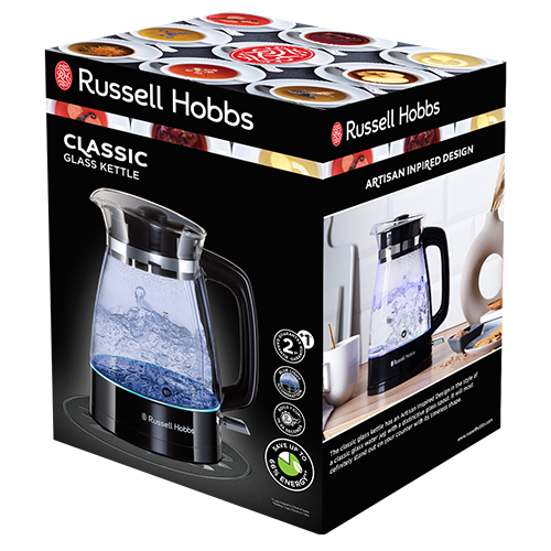 Produktkarton für den Russell Hobbs Classic Glaswasserkocher mit einem schwarz-Glas-Kocher.