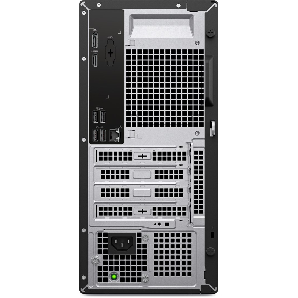 Widok z tyłu komputera stacjonarnego z portami USB, HDMI, DisplayPort, zasilaczem i kratkami wentylacyjnymi.