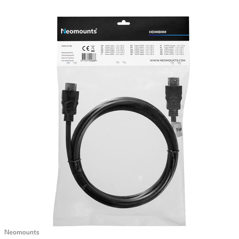 Verpacktes schwarzes HDMI-Kabel in einer Plastiktüte mit Neomounts-Etikett oben.