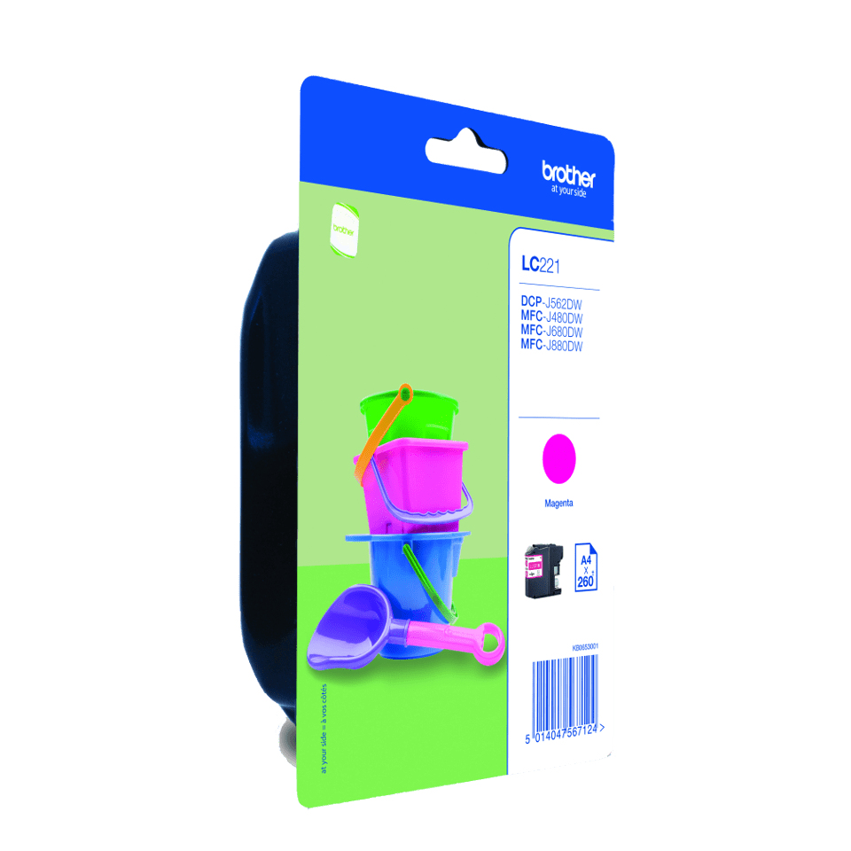Eine Brother LC221 Magenta-Tintenpatrone in Verpackung mit bunten Eimerspielzeug und Schaufel.