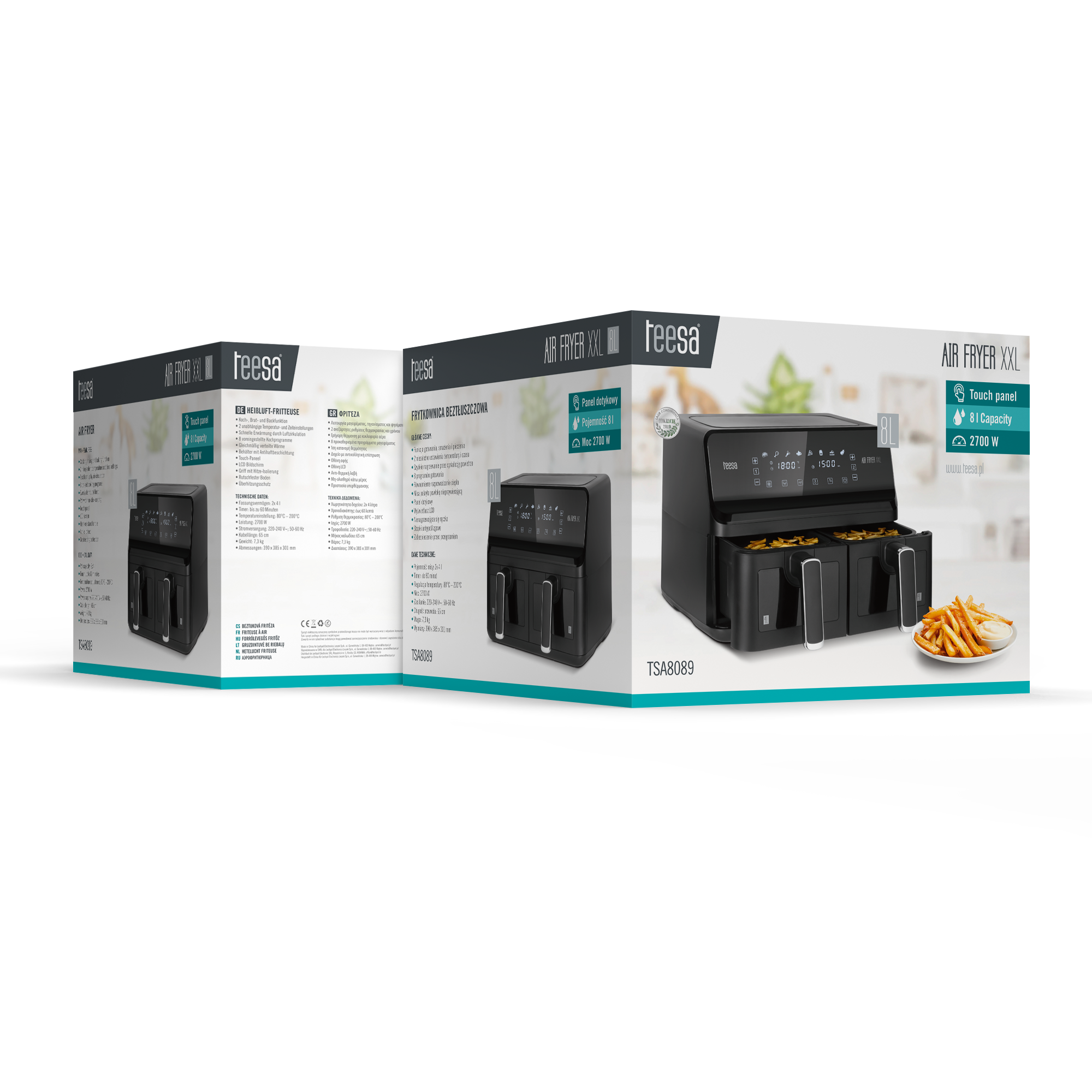 Opakowanie frytkownicy beztłuszczowej Teesa Air Fryer XXL z dwoma koszami i frytkami.