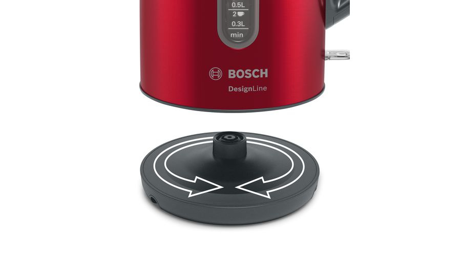 Ein roter Bosch DesignLine Wasserkocher schwebt über seiner schwarzen 360-Grad-Basis mit weißen Pfeilen.