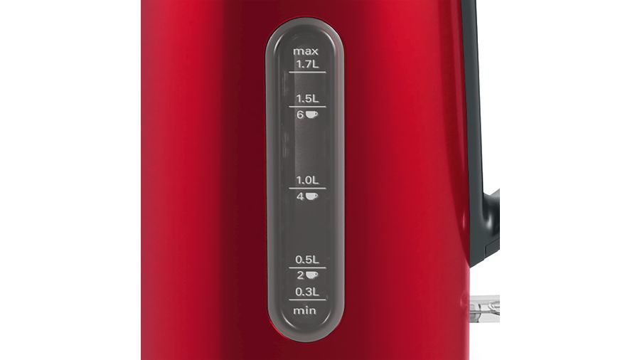 Die rote Wasserkocheranzeige zeigt den Wasserstand von min bis 1,7L und Tassen an.