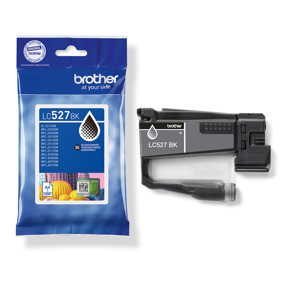 Cartucho de tinta negra Brother LC527 BK junto a su embalaje original azul.