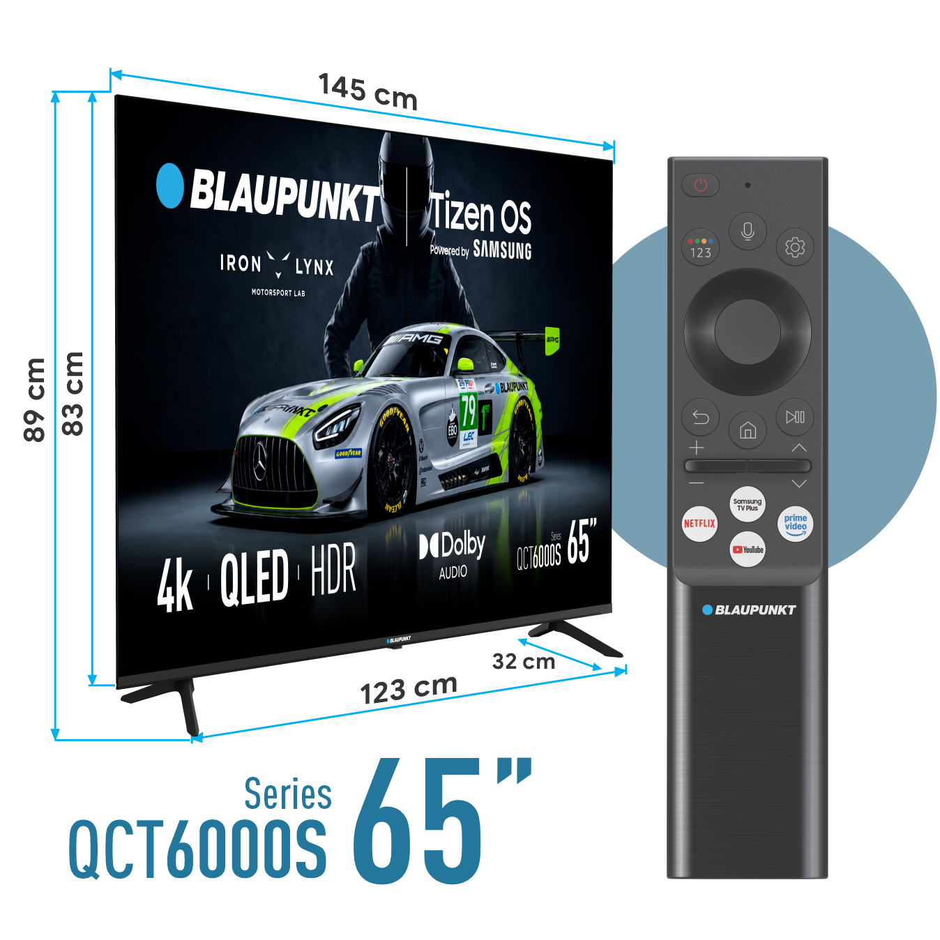 65-calowy telewizor Blaupunkt QLED 4K z wymiarami, ekranem auta wyścigowego i pilotem.