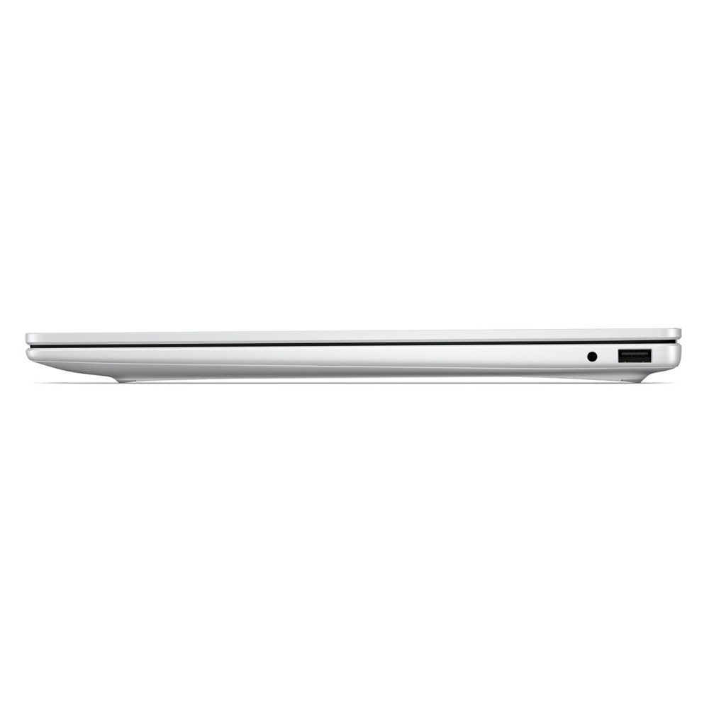 Widok z boku zamkniętego srebrnego laptopa na białym tle z widocznym portem USB.