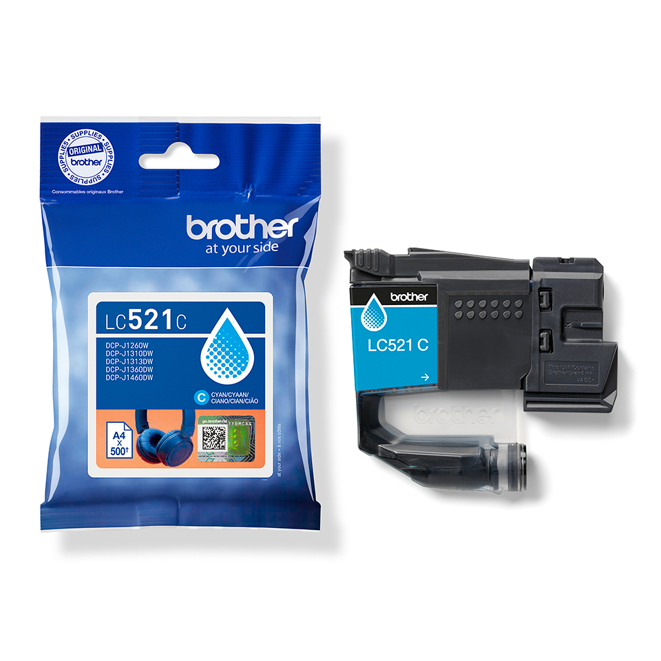 Cartuccia d'inchiostro blu Brother LC521C nella confezione e singola accanto su sfondo bianco.