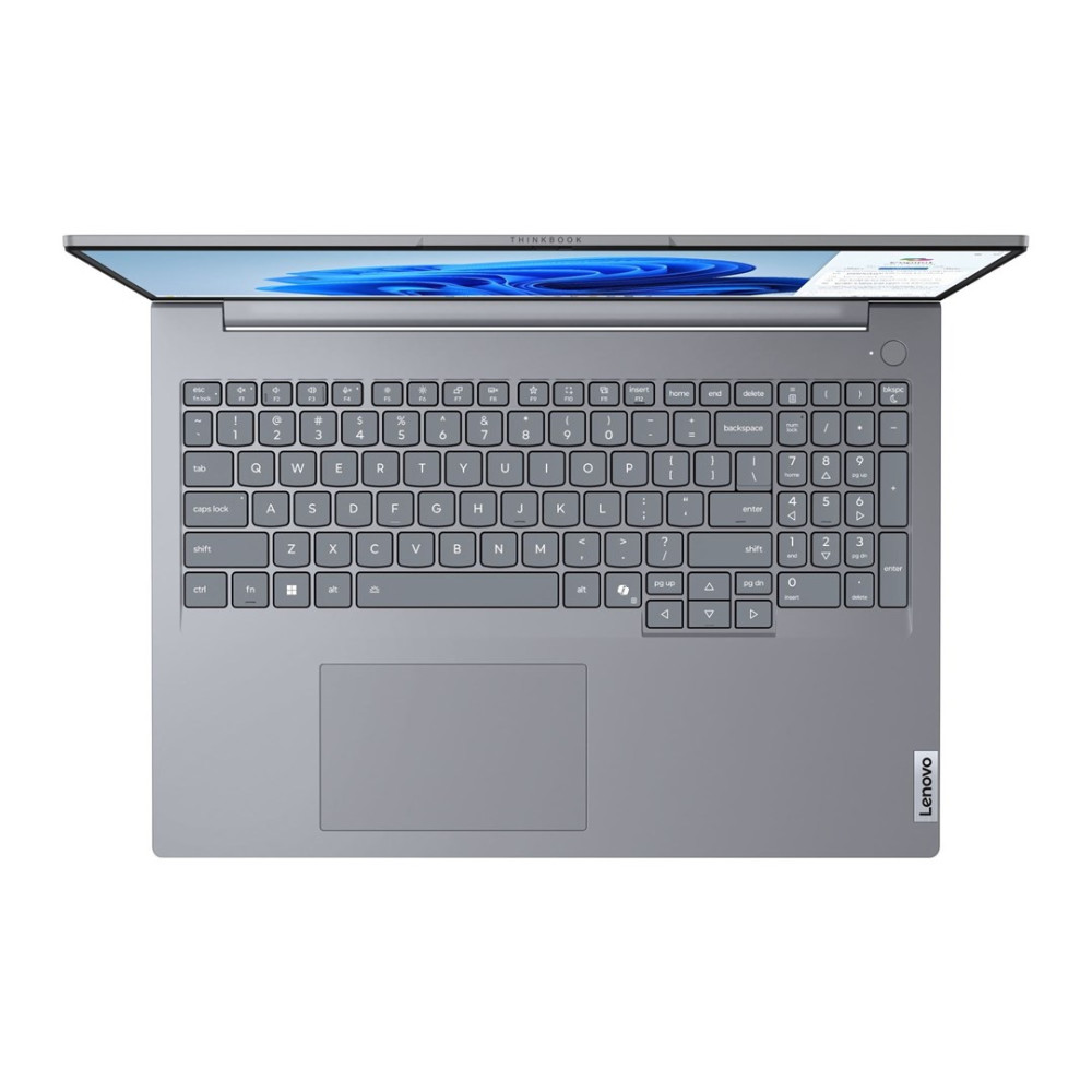 Widok z góry na otwarty szary laptop Lenovo ThinkBook z klawiaturą QWERTY, gładzikiem i ekranem z niebieską tapetą.