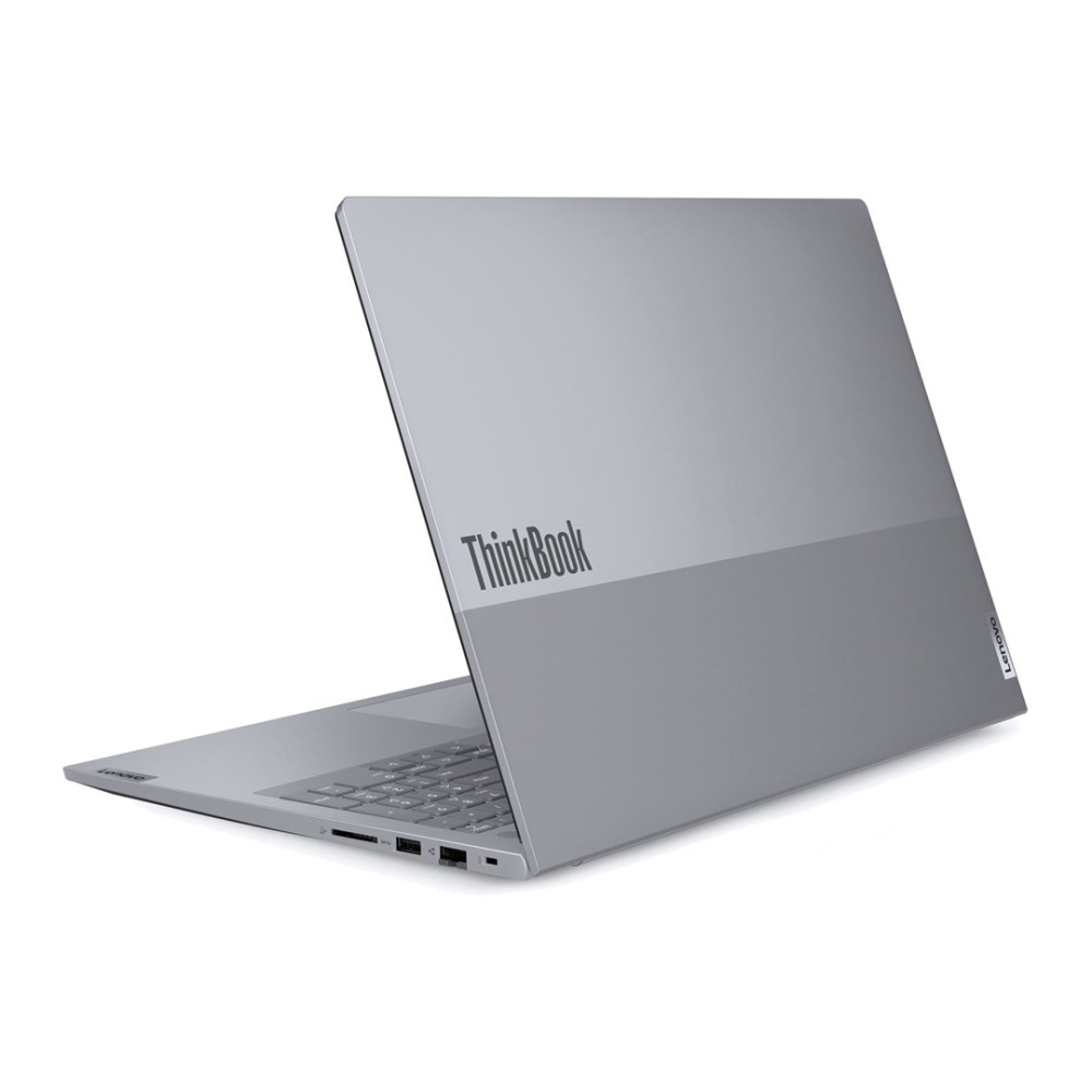 Srebrny laptop Lenovo ThinkBook na białym tle, widziany od zamkniętego tyłu.