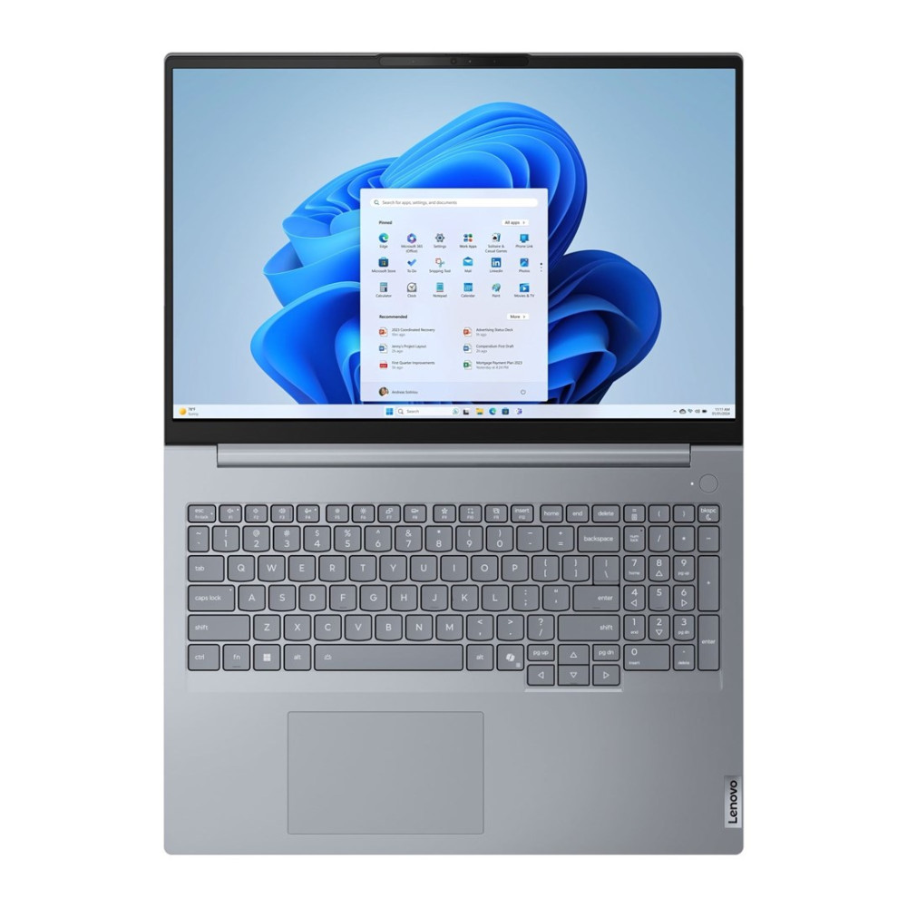 Srebrny laptop Lenovo z ekranem startowym Windows 11 i niebieskim tłem.