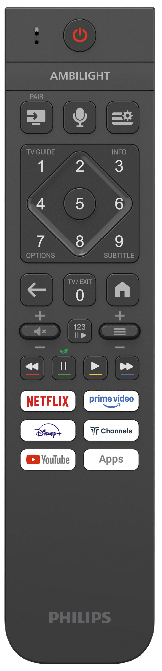 Ciemnoszary pilot Philips z cyframi, nawigacją i przyciskami aplikacji, takimi jak Netflix i YouTube.