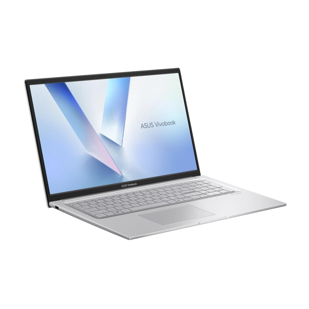 Srebrny laptop ASUS Vivobook z niebieskim tłem ekranu i widoczną klawiaturą, na białym tle.