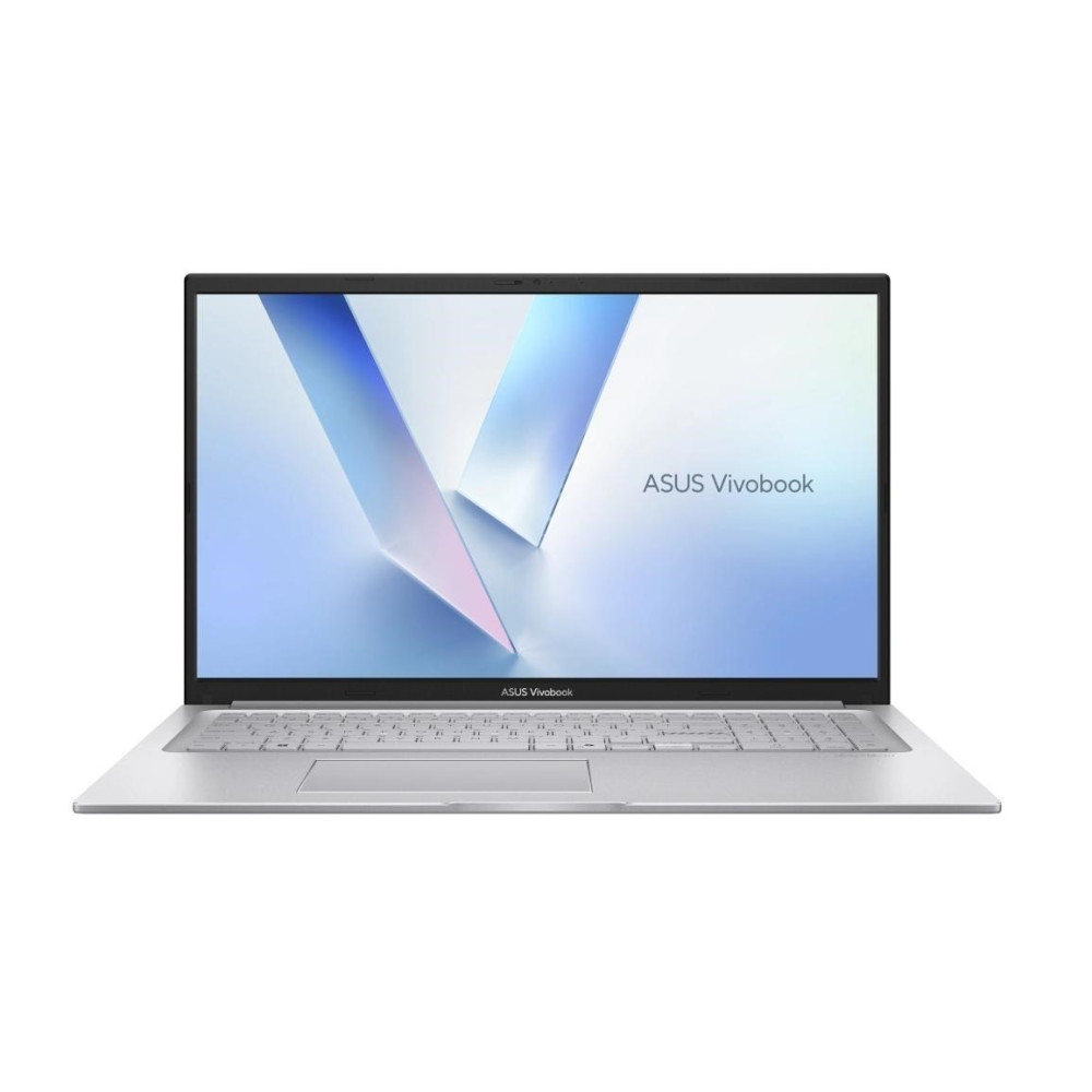 Srebrny laptop ASUS Vivobook otwarty z niebieskim ekranem abstrakcyjnym i klawiaturą.