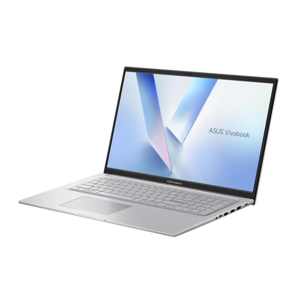 Otwarty srebrny laptop ASUS Vivobook na białym tle z niebieską, abstrakcyjną tapetą na ekranie.