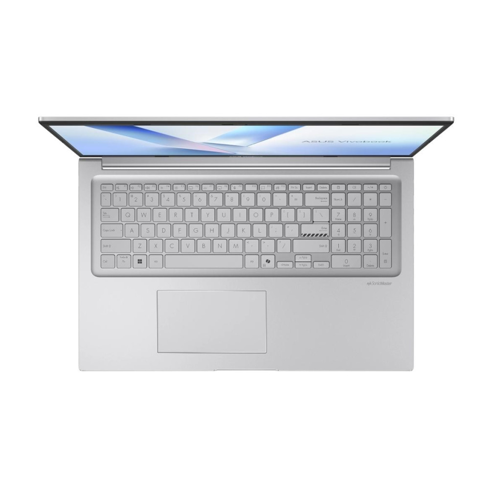 Widok z góry na srebrny laptop z otwartym ekranem, klawiaturą numeryczną i panelem dotykowym.