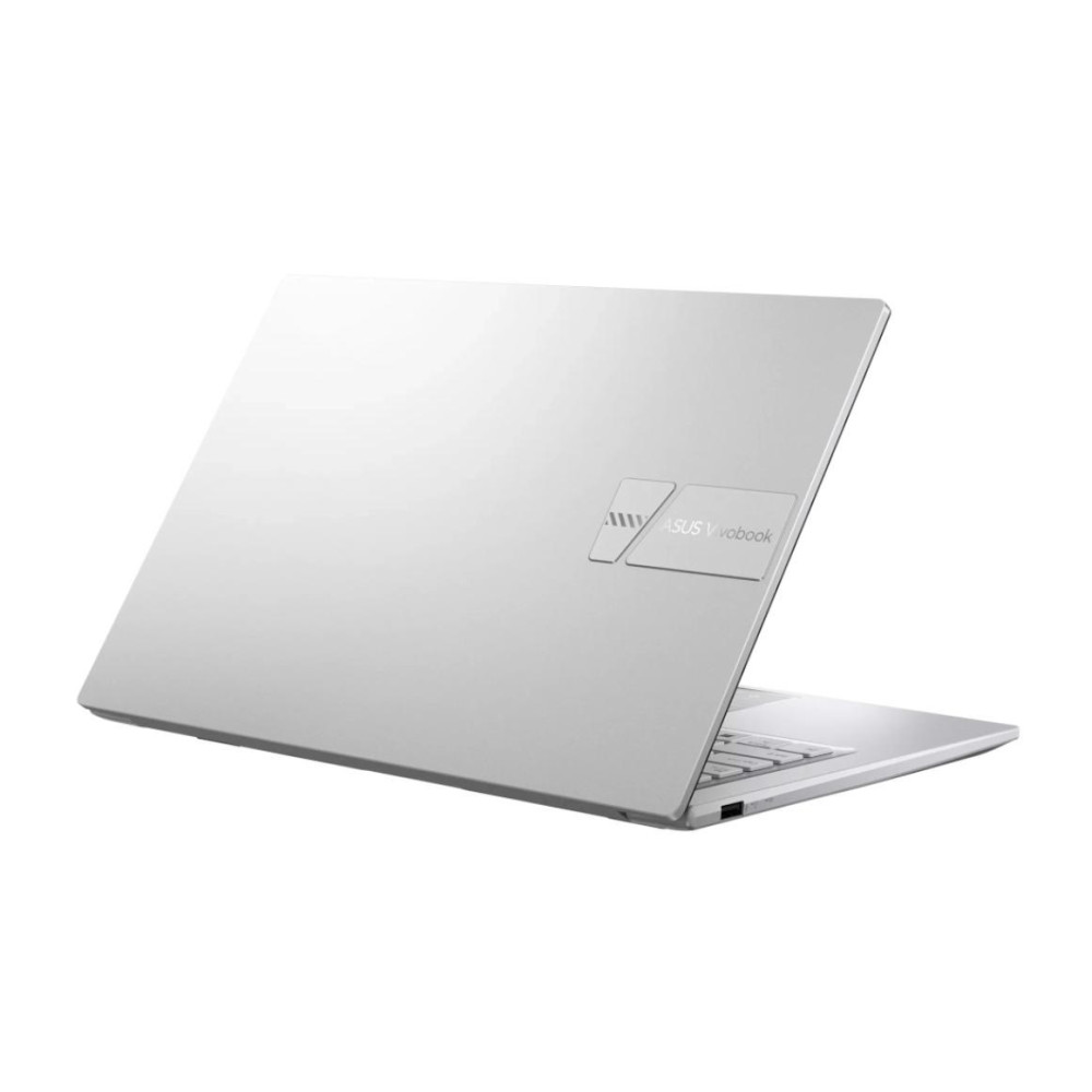 Srebrny laptop ASUS Vivobook jest częściowo otwarty na białym tle.