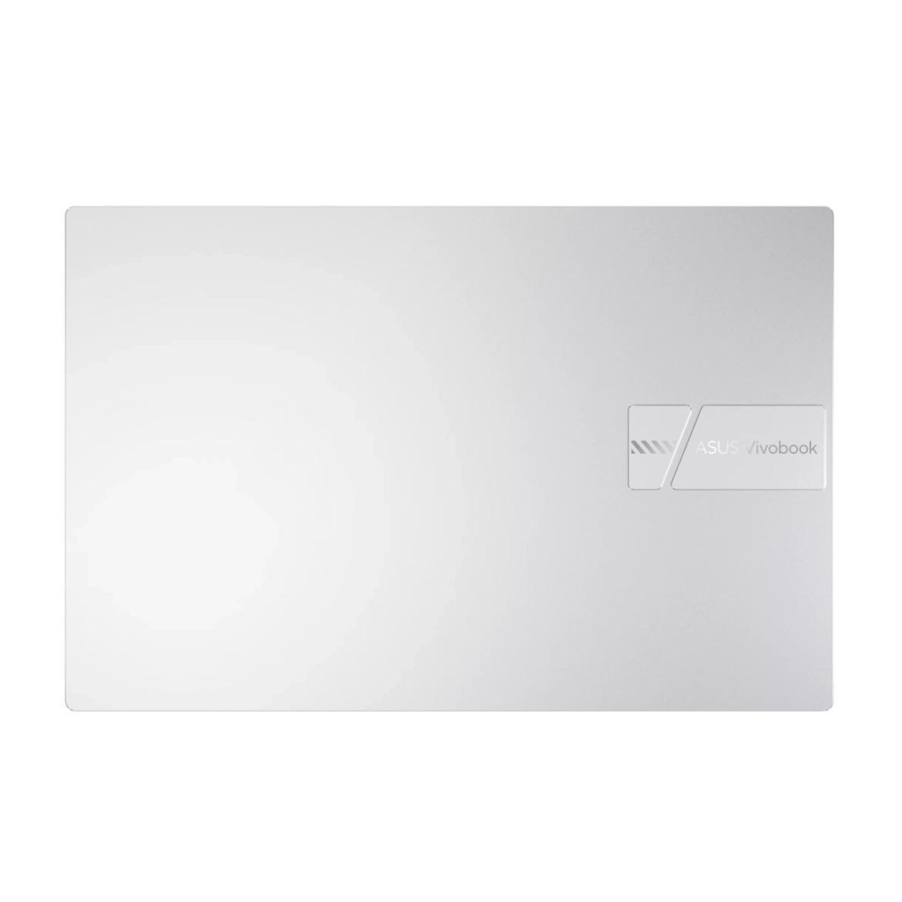 Zamknięta, srebrna górna pokrywa laptopa Asus Vivobook z małym logo marki.