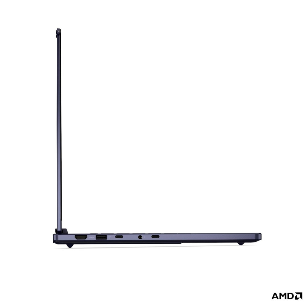 Widok z boku zamkniętego ciemnego laptopa z portami na dolnej krawędzi i logo AMD.