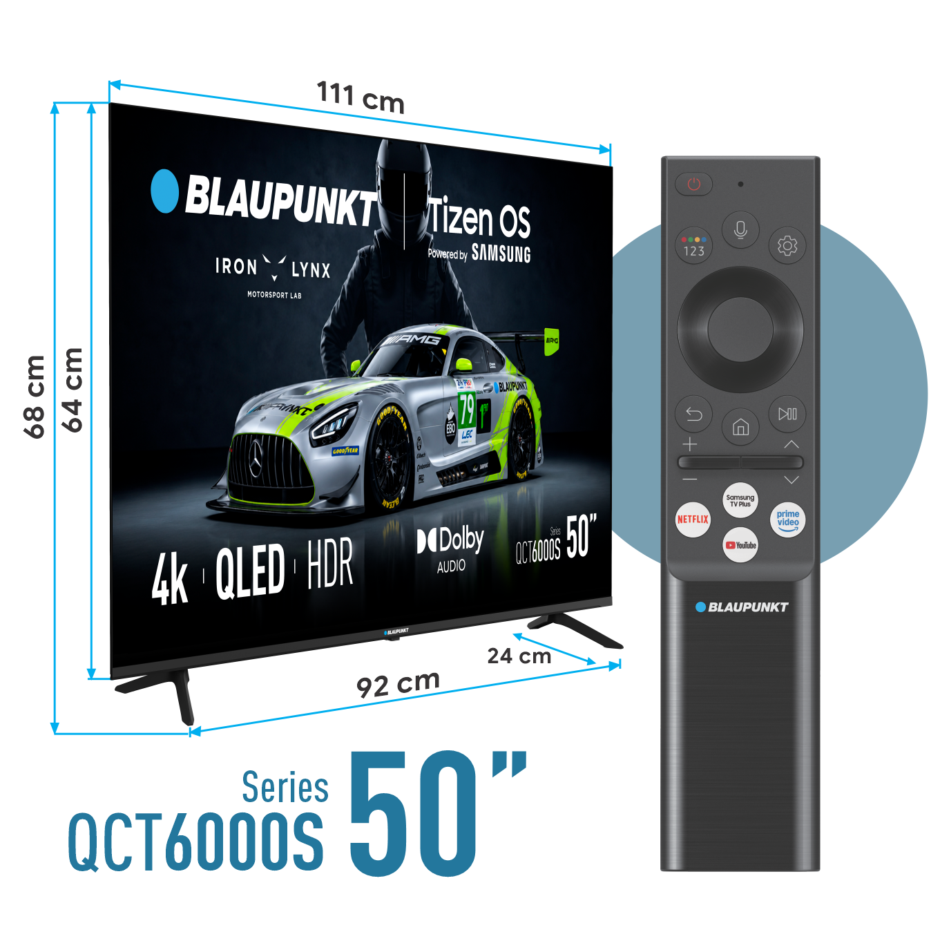 Telewizor QLED Blaupunkt 50 cali z wymiarami i czarnym pilotem.