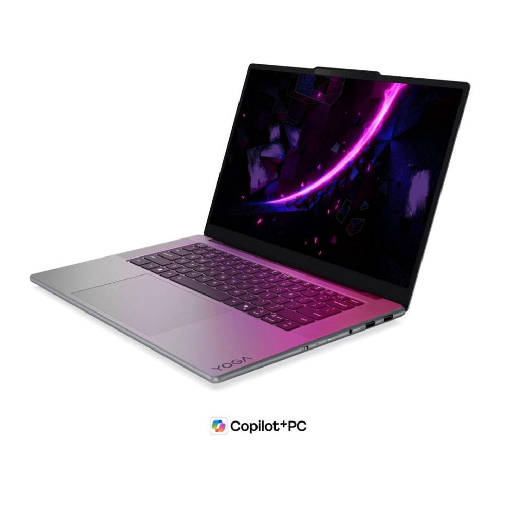 Srebrny laptop Yoga z podświetlanym ekranem i klawiaturą, wyświetlany obok logo Copilot+PC.