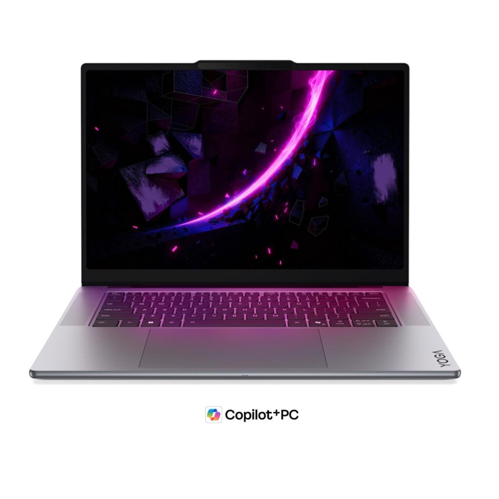 Srebrny laptop z świecącą różową abstrakcyjną tapetą i podświetlaną klawiaturą, z logo Copilot+PC poniżej.