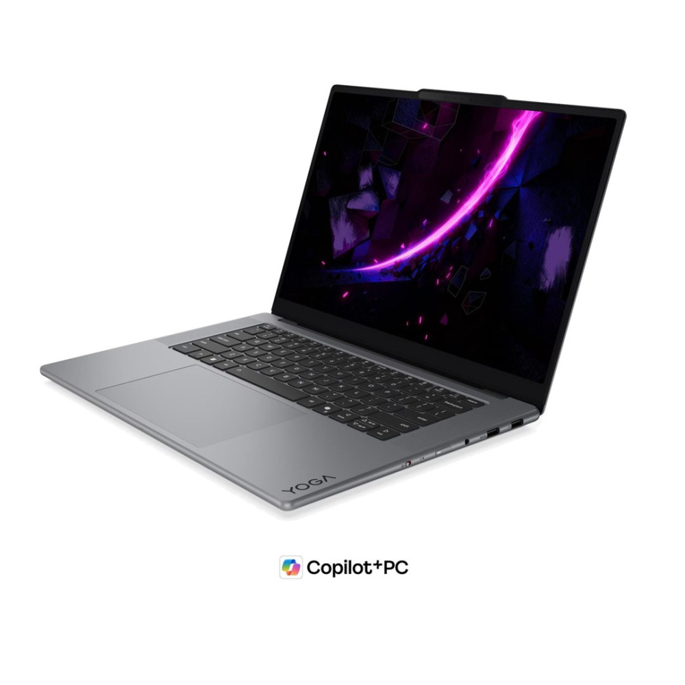 Szary laptop Yoga z czarną klawiaturą i abstrakcyjnym fioletowym ekranem na białym tle.