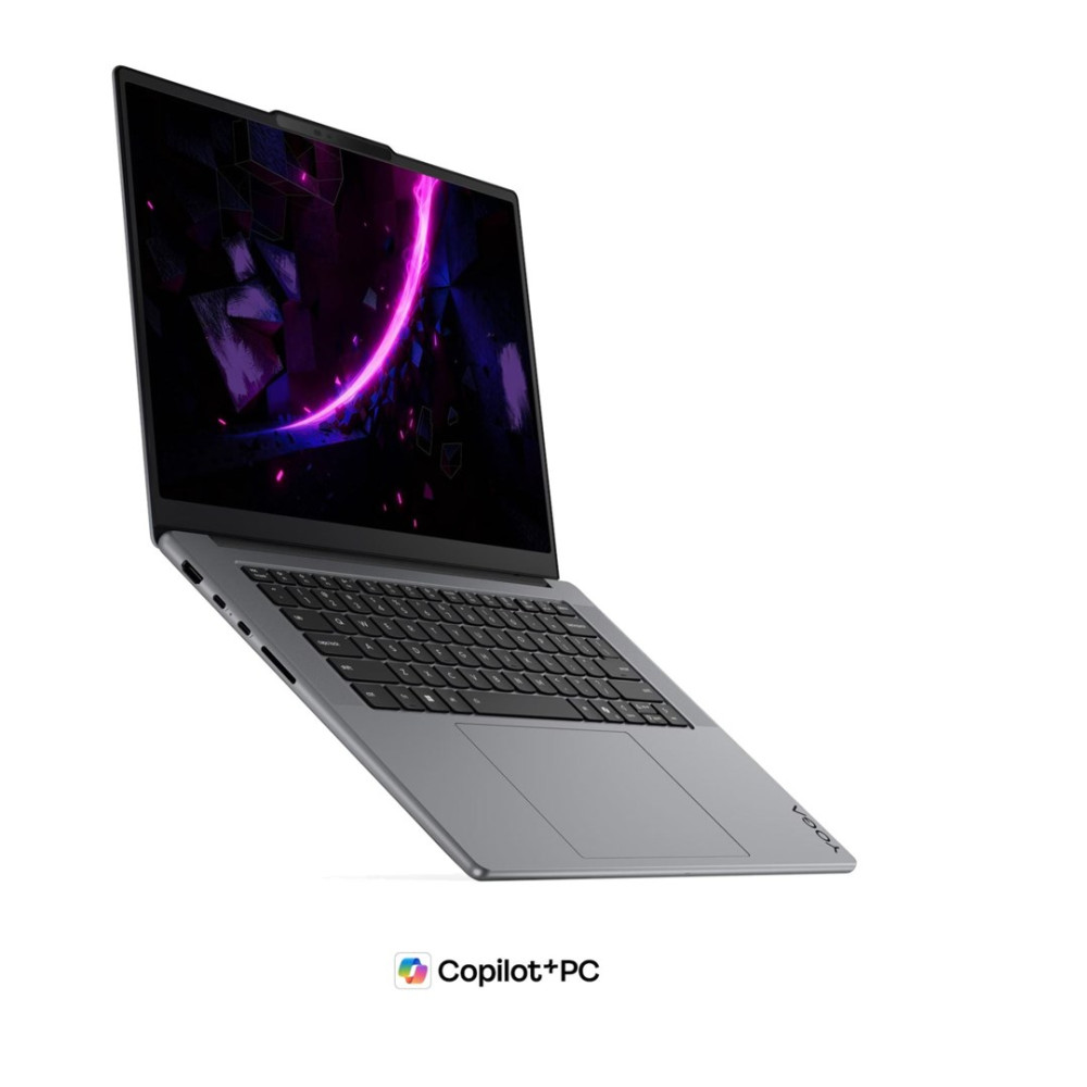 Szary laptop z podświetlanym ekranem i różowym pasem światła, pod kątem na białym tle.