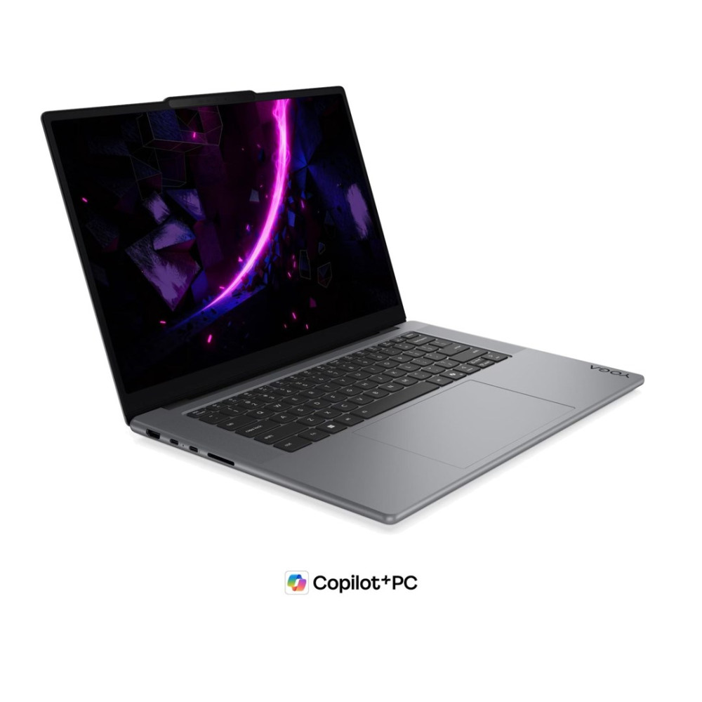 Szary laptop z czarną klawiaturą i abstrakcyjnym fioletowym tłem ekranu na białym tle.