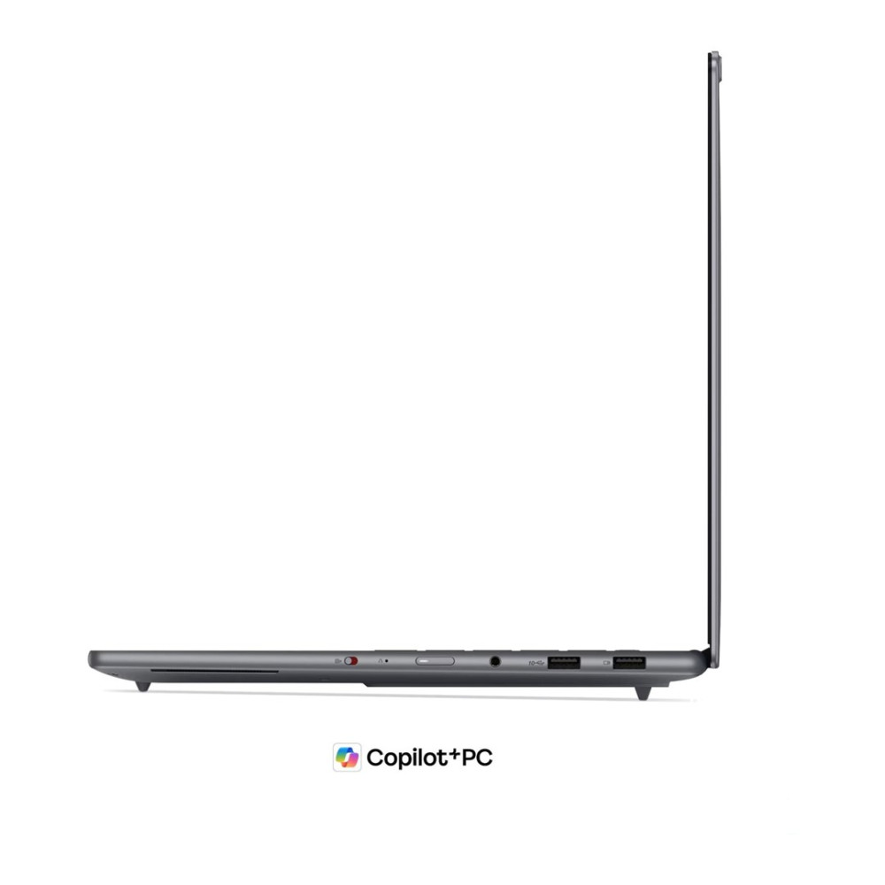 Widok z boku szarego laptopa z portami na białym tle, z logo Copilot+PC.