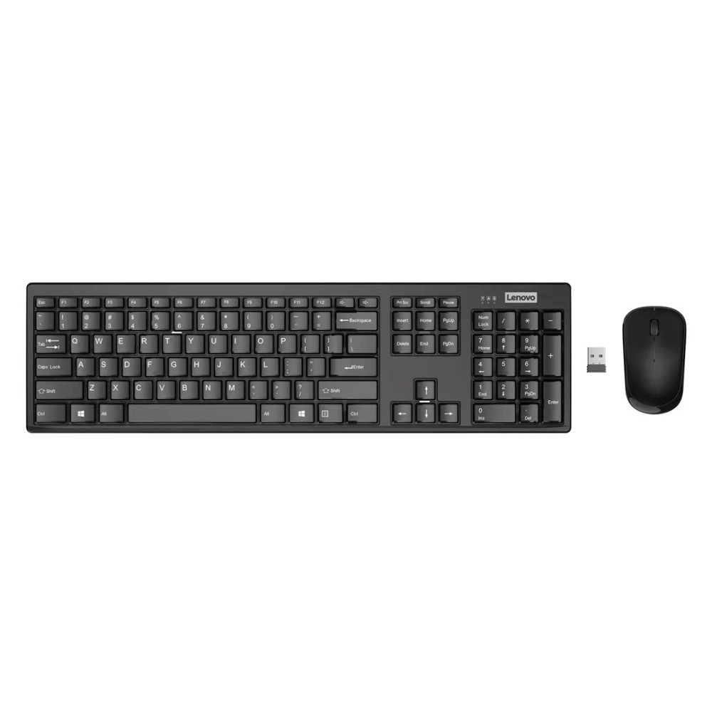 Czarna klawiatura bezprzewodowa Lenovo, mysz i mały odbiornik USB na białym tle.