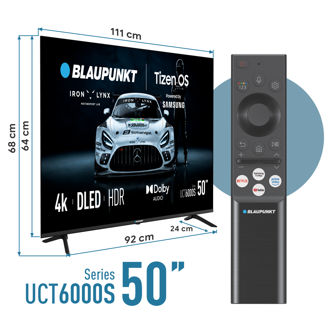 50-calowy telewizor Blaupunkt 4K DLED z wymiarami i pilotem.