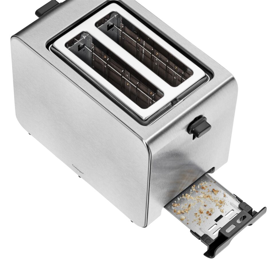Ein Edelstahl-Langschlitztoaster mit herausgezogener Krümelschublade und Brotkrümeln darin.