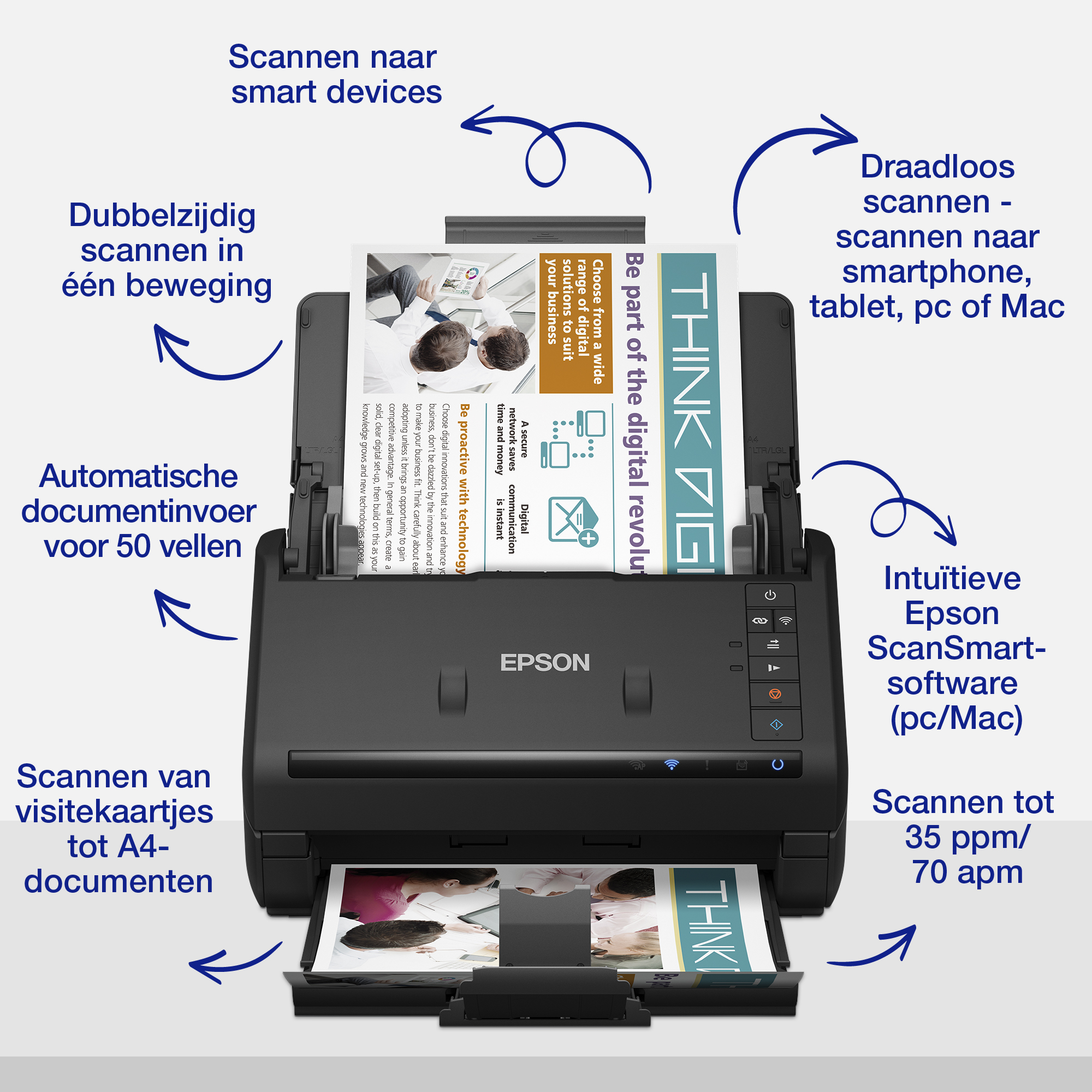 Escáner de documentos Epson con hojas de papel cargadas y flechas azules explicativas con texto en holandés.