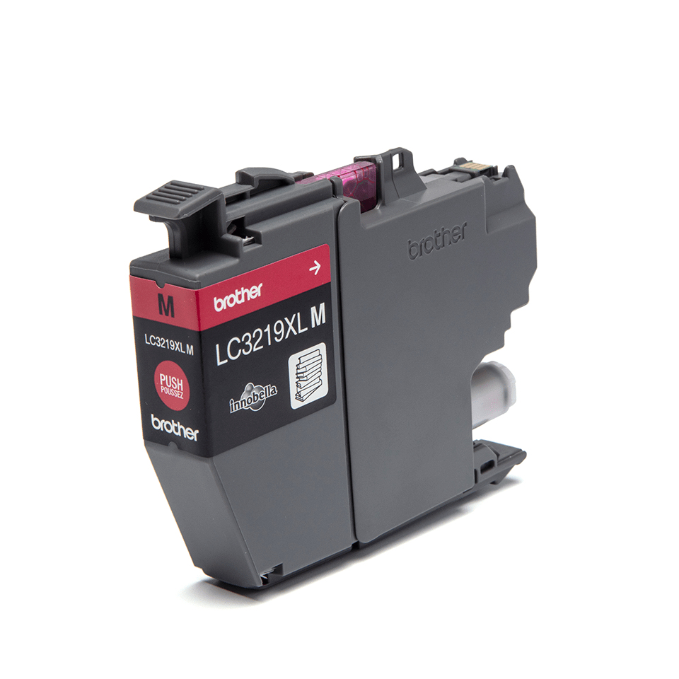 Graue Brother LC3219XL M Magenta Inkjet-Patrone auf weißem Hintergrund.