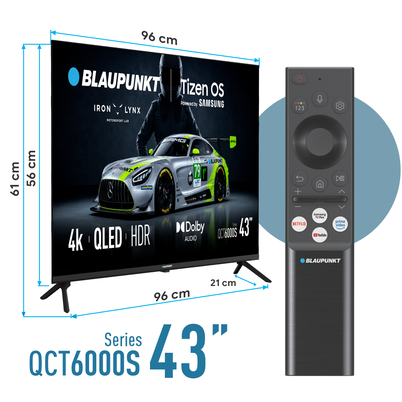 43-calowy telewizor QLED Blaupunkt z wymiarami i pilotem.