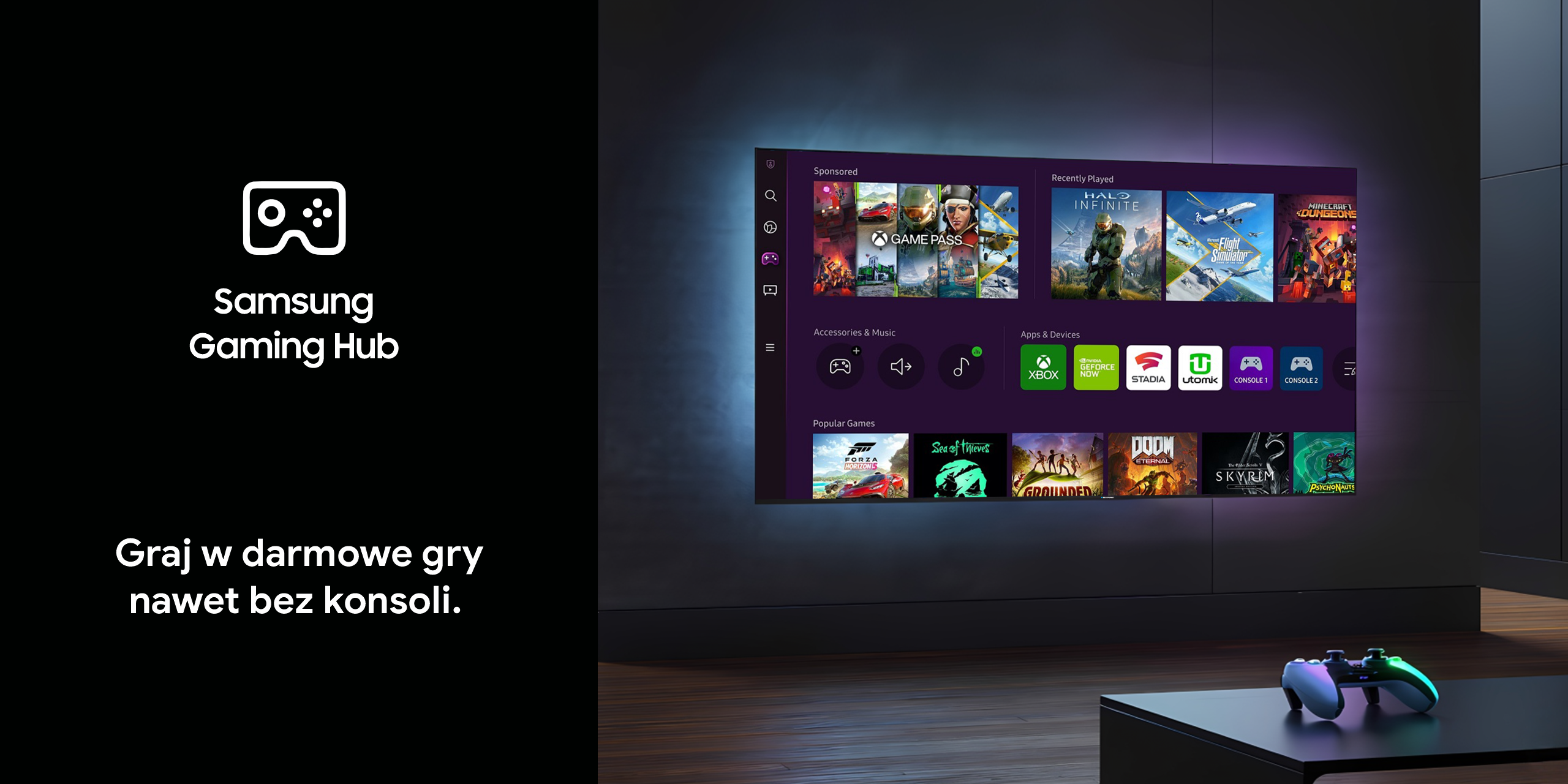 Interfejs Samsung Gaming Hub na telewizorze z podswietlanym kontrolerem na stoliku.