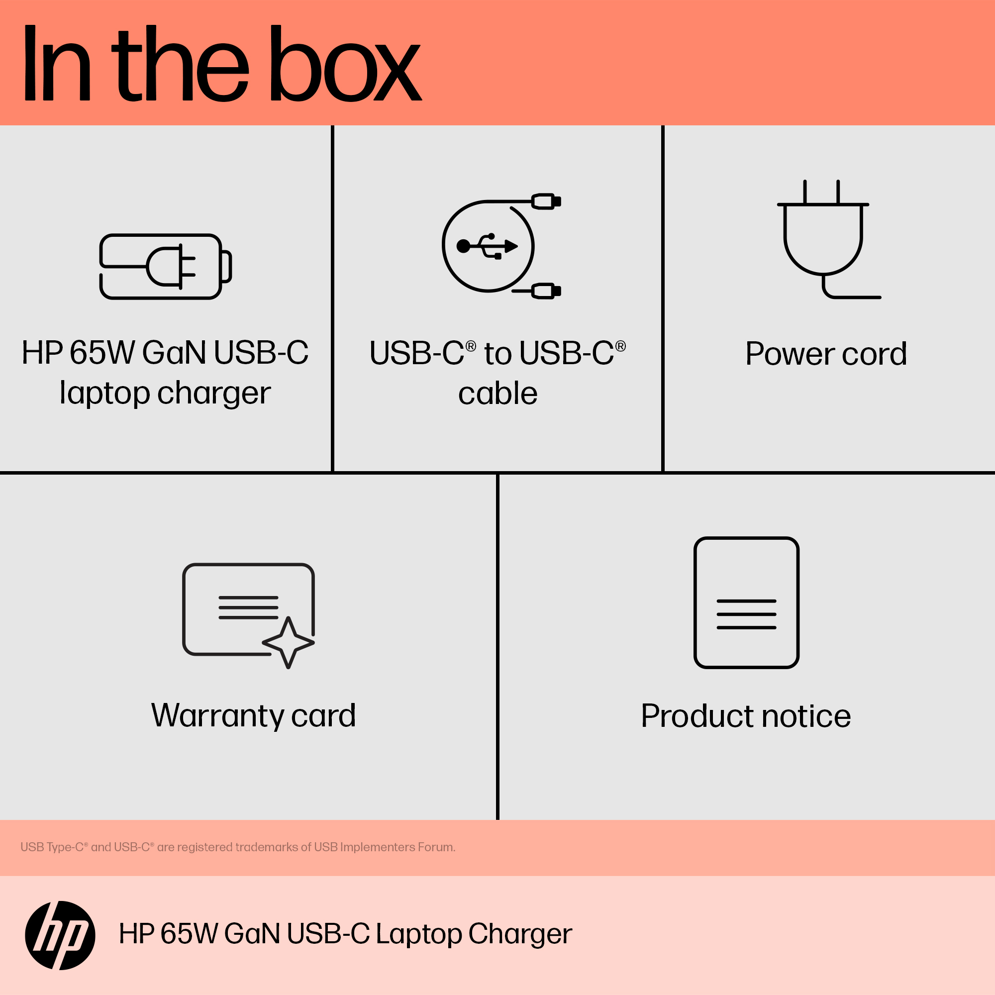 Lieferumfang: HP 65W GaN USB-C Laptop-Ladegerät, USB-C-Kabel, Netzkabel, Garantiekarte und Produkthinweis.