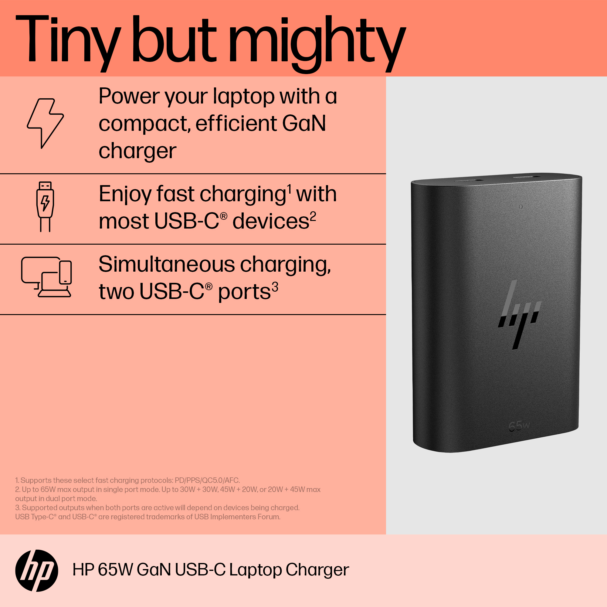 HP 65W GaN USB-C Ladegerät mit Text über Funktionen auf rosafarbenem Hintergrund.