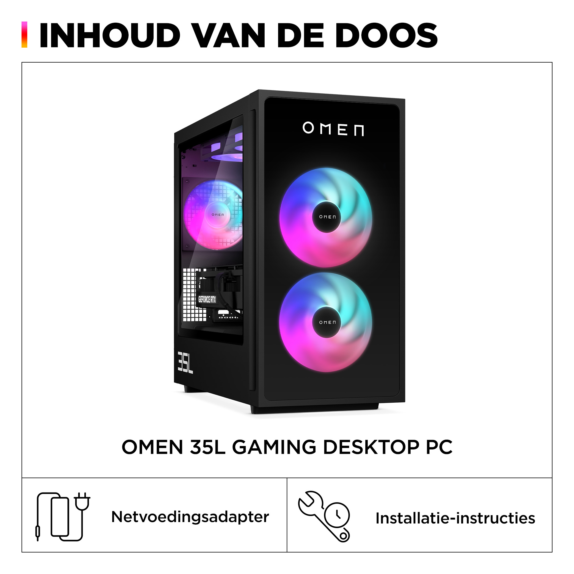OMEN 35L gaming-desktop-pc met RGB-ventilatoren, voedingsadapter en instructies.