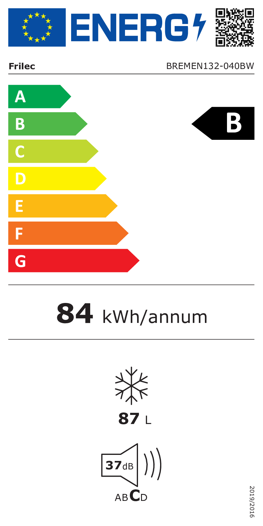 Étiquette énergétique UE pour Frilec BREMEN132-040BW, classe B, 84 kWh/an, 87 L, 37 dB.